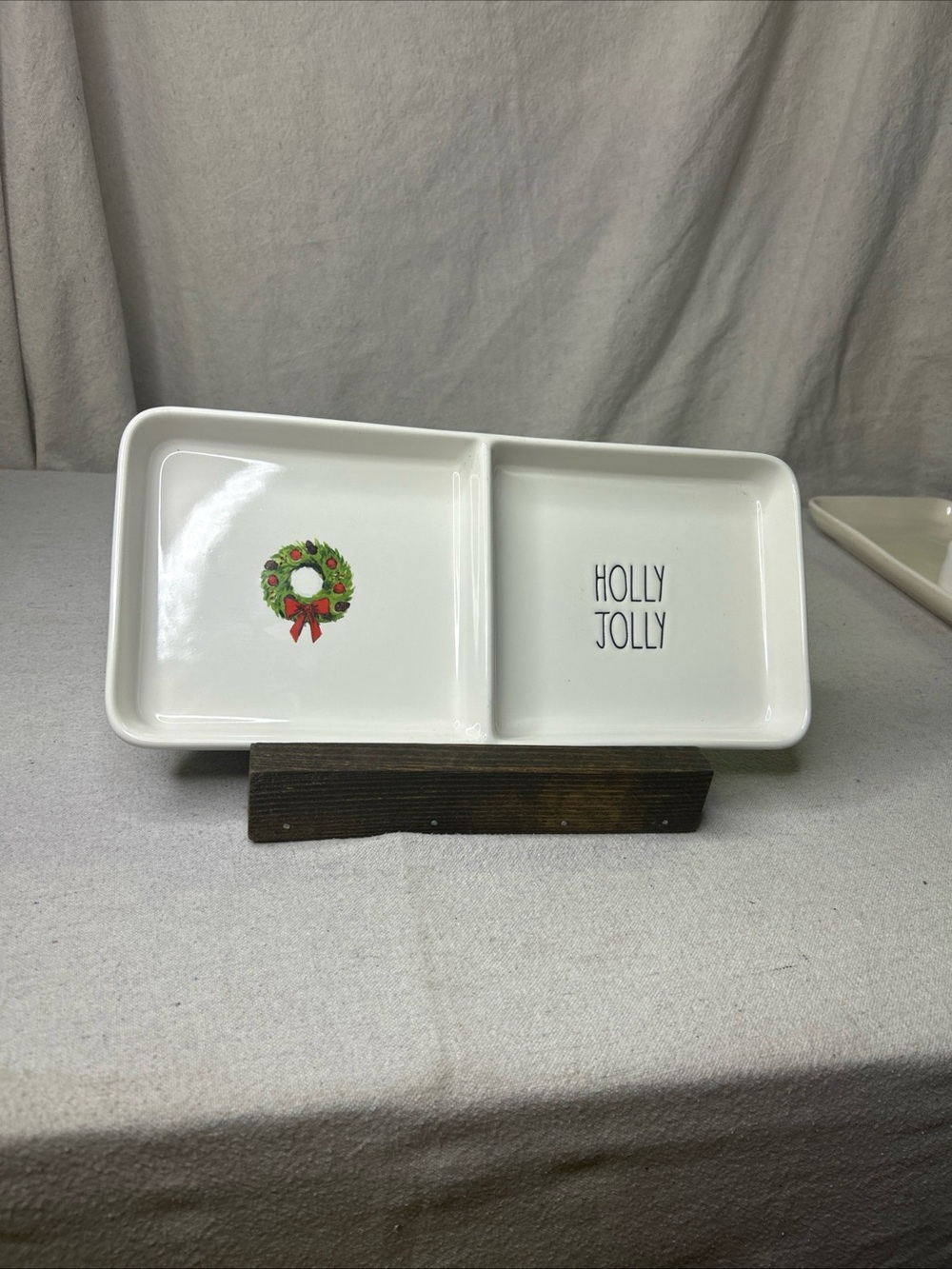 Rae Dunn White Divided Tray with Green Wreath and Red Bow